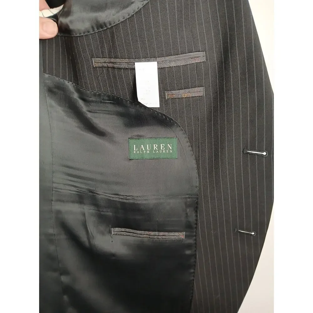 Ralph Lauren Pinstripe Wool Suit Blazer & Pants Blk Sz 48R 38Wx 32L 69456/90736